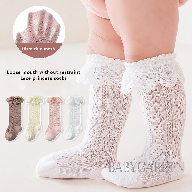 Bga-0-3years เด ็ กทารกเข ่ าถุงเท ้ าบางสูงฤดูร ้ อน Breathable ถักลูกไม ้ Ruffle ถุงเท ้ าเจ ้ าหญิง