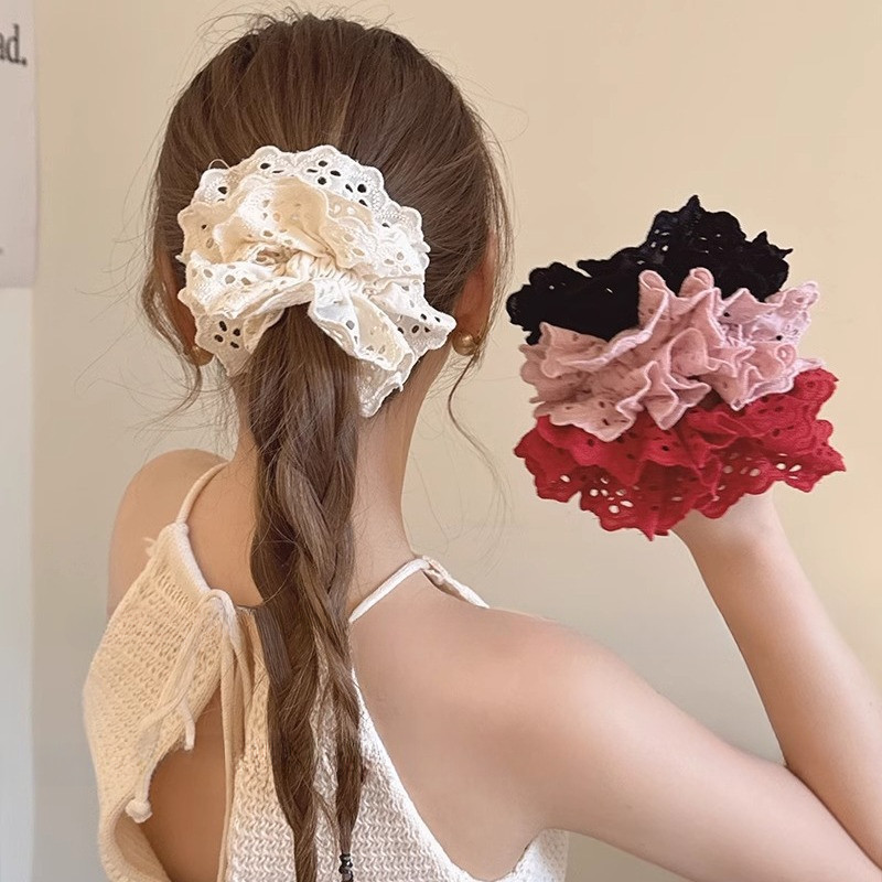 Jojo COCO เกาหลีลูกไม ้ ผม Tie สําหรับผู ้ หญิงหวาน Double Layer สามมิติ Fluffy ขนาดใหญ ่ Scrunchies ปัก Hollow Headdress