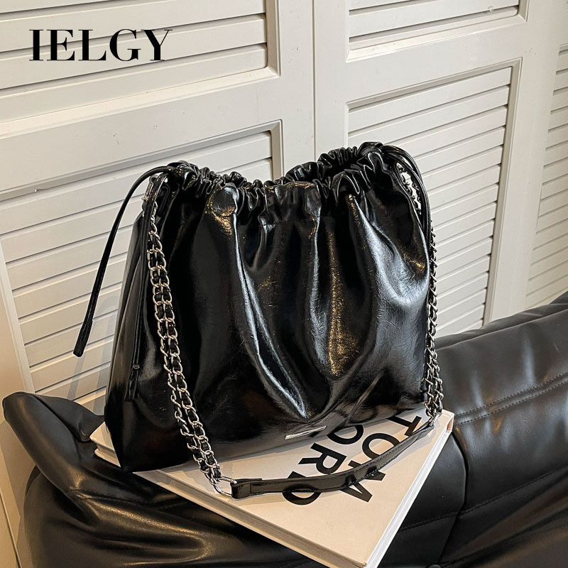 Ielgy Ladies Black Large-Capacity Fashionable One-Shoulder Pleated Bucket Bag