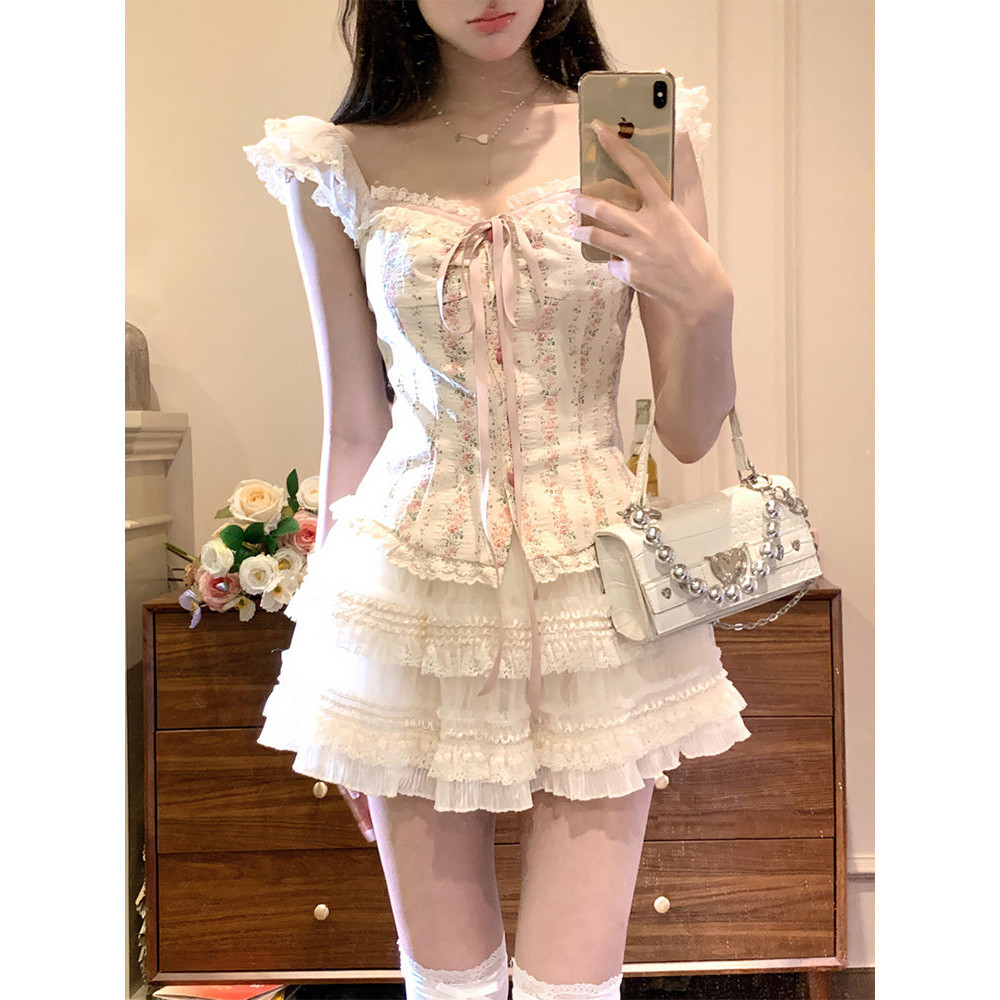 Summer Wear Small Temperament Slimming Idyllic Princess Pettiskirt Sweet ootd Top and Skirt Pure Win