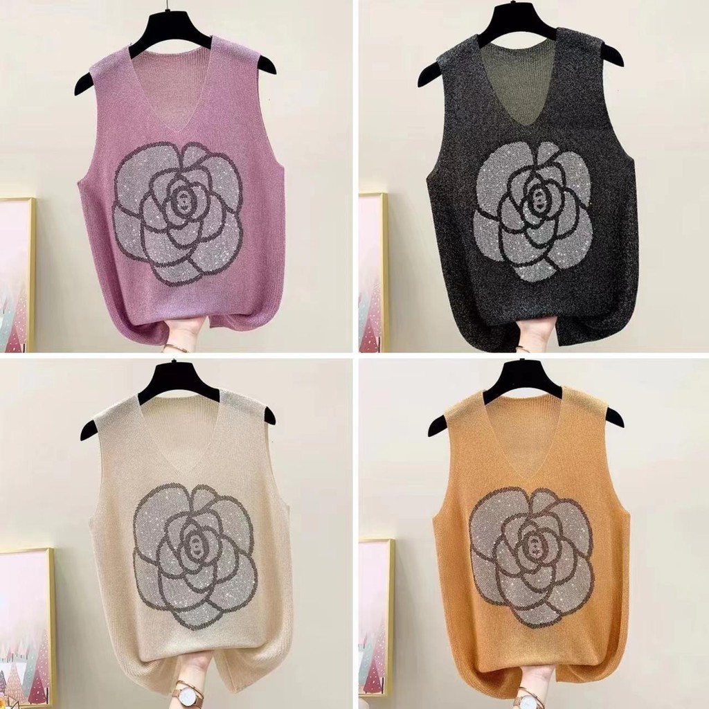 เสื้อกล้ามคอวีแฟชั่นผู้หญิงขนาดฟรีไซส์ ผ้าไหมพรมวิ้งๆ ลายดอกไม้ ผ้ายืดได้เยอะมากผ้านิ่มใส่ดี ใส่แล้วรู้สึกเย็นสบาย