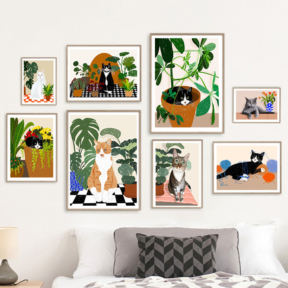 Boho Art Cat พืชเขตร้อนโปสเตอร์ผ้าใบภาพวาดสัตว์น่ารัก Nordic Wall ภาพสําหรับห้องนั่งเล่นที่ทันสมัยตกแต่งบ้าน