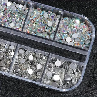 กล่อง 3D แบนกลับเล็บ Rhinestones เล็บอัญมณีแก้ว AB & Clear คริสตัล Rhinestones ชุดเล็บ Charms DIY เครื่องมือ