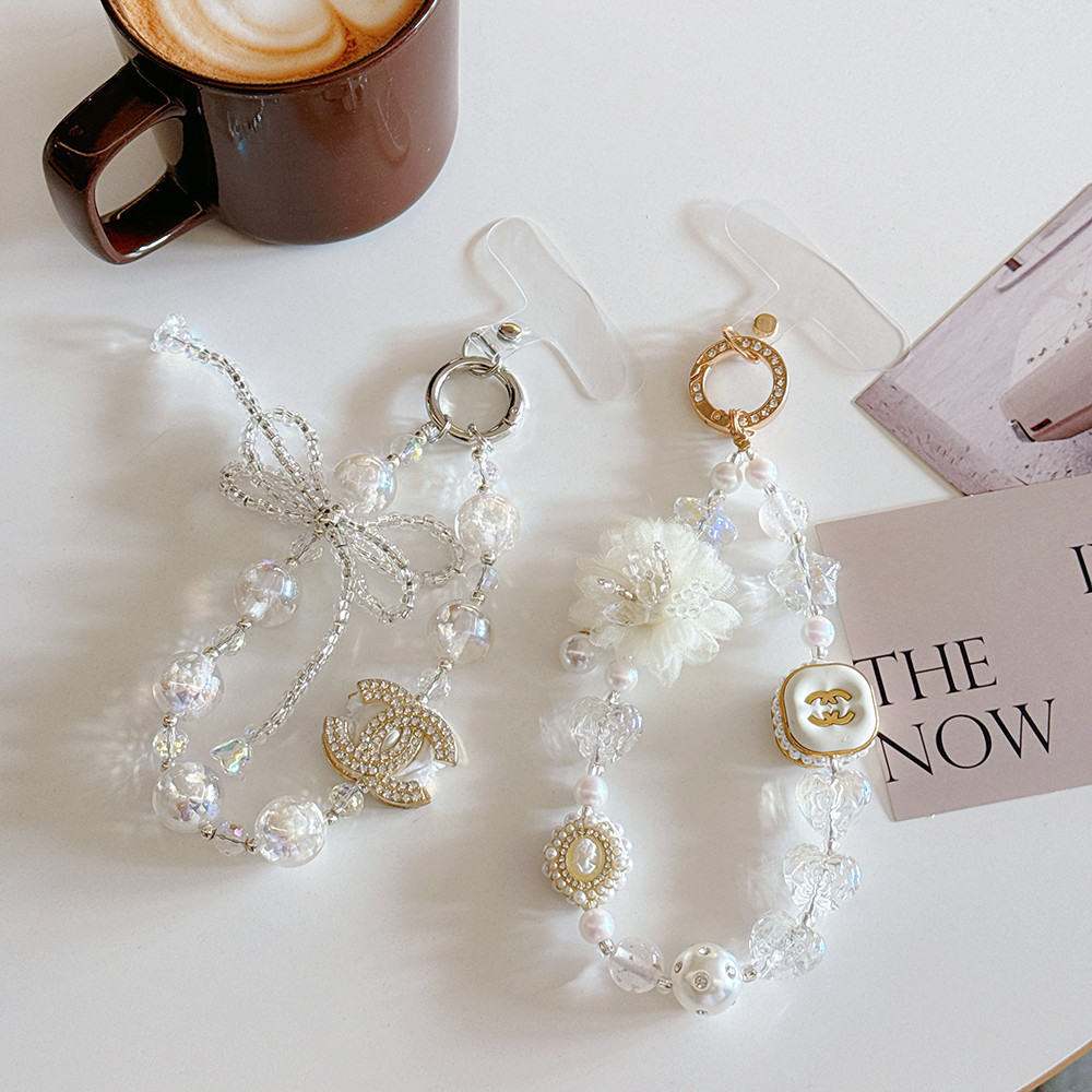 Rhinestone Bow โซ ่ โทรศัพท ์ มือถือคริสตัลผ ้ ากอซดอกไม ้ โปร ่ งใส Love สร ้ อยข ้ อมือลูกปัด
