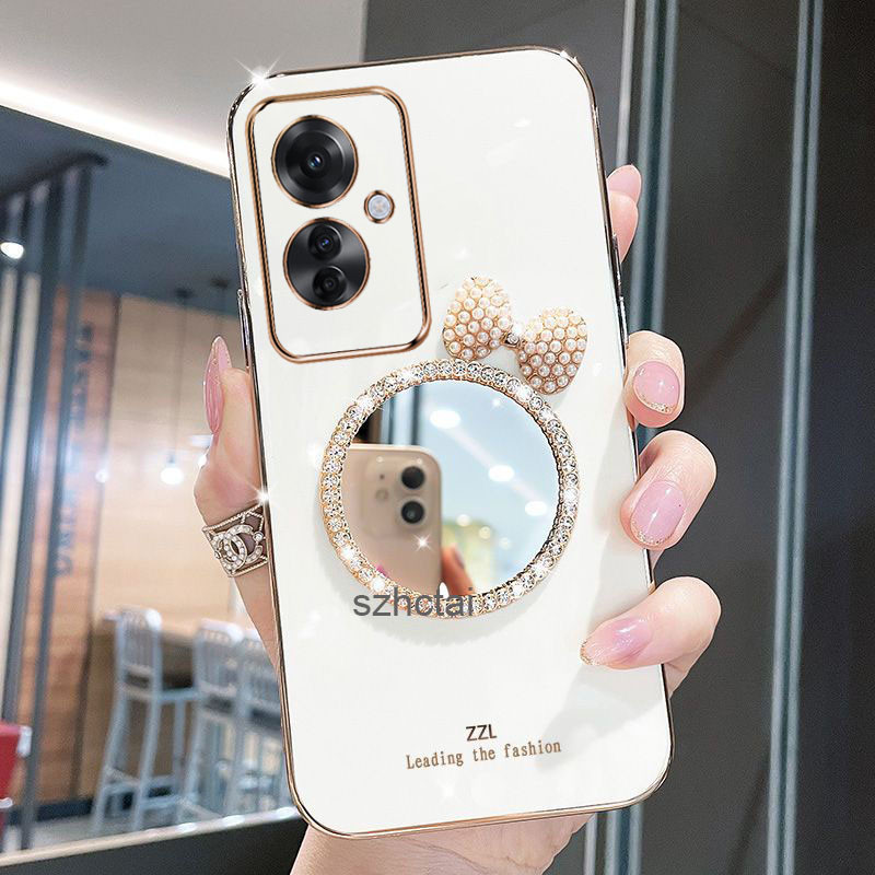 ปลอก OPPO Reno11F 5G Reno11 5G Reno 11 Pro 5G Reno 8T 8 8Z 5G Reno 7 8 4G Reno7Z Luxury Pearl Bow กระจกแต่งหน้าชุบซิลิโคนเคสโทรศัพท์แบบนุ่ม