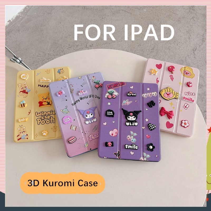 Kids Stand Pink/Purple Kuromi Case สําหรับ iPad 4th/5th/6th/7th/8th/9th/10th Gen Air Mini 1 2 3 4 5 6 Pro 9.7 ขาตั ้ งกล ้ อง 10.9 ขาตั ้ ง 11 ขาตั ้ ง 2017/18/1920/21/22 หนัง 3D ปกการ ์ ตูนน ่ ารัก