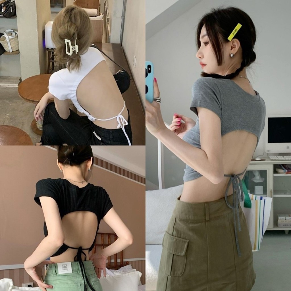 ราคาถูกที่สุด เสื้อยืดแฟชั่นเข้ารูป แขนสั้น ผ้าร่องเล็ก เว้าโชว์หลัง มีสายรูดผูกเชือก 3 สี ผ้ายืดตามตัว