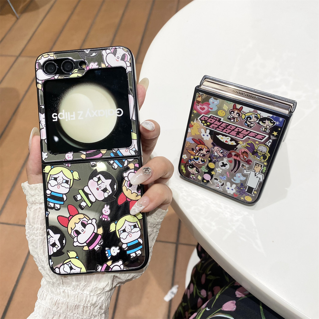 Flip6 Samsung Galaxy Z Flip 7 กระจกแฟชั่น การ์ตูนน่ารัก หน้าอ้วน The Powerpuff Girls with chain PC Case Samsung Galaxy Z Flip 3 hard กันกระแทกโทรศัพท์ ความคิดสร้างสรรค์ Case Cover