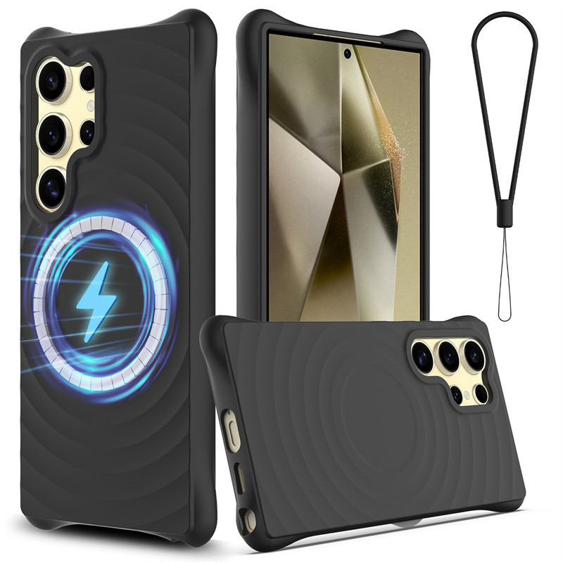 รูปแบบคลื่นแม่เหล็กซิลิโคนเหลวแบบนุ่มเคสโทรศัพท์สําหรับ Samsung S24 Ultra S24+ S23 Ultra S23 FE กันกระแทกพร้อมสายรัดข้อมือสายคล้องเชือกเส้นเล็ก