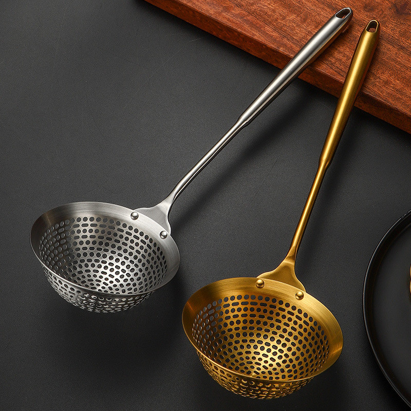 อูคิ 304 สแตนเลสช้อนกรองครัวเรือนหม้อร้อนช้อนครัวทอดกระชอนก๋วยเตี๋ยวช้อน เจาะรู ช้อนเจาะ