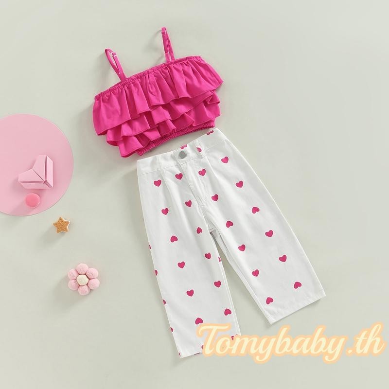 Tomybaby-girls ชุดฤดูร ้ อนสีทึบ Layered Ruffle Camisole + หัวใจพิมพ ์ กางเกง 2 ชิ ้ นชุดสําหรับวันหยุด