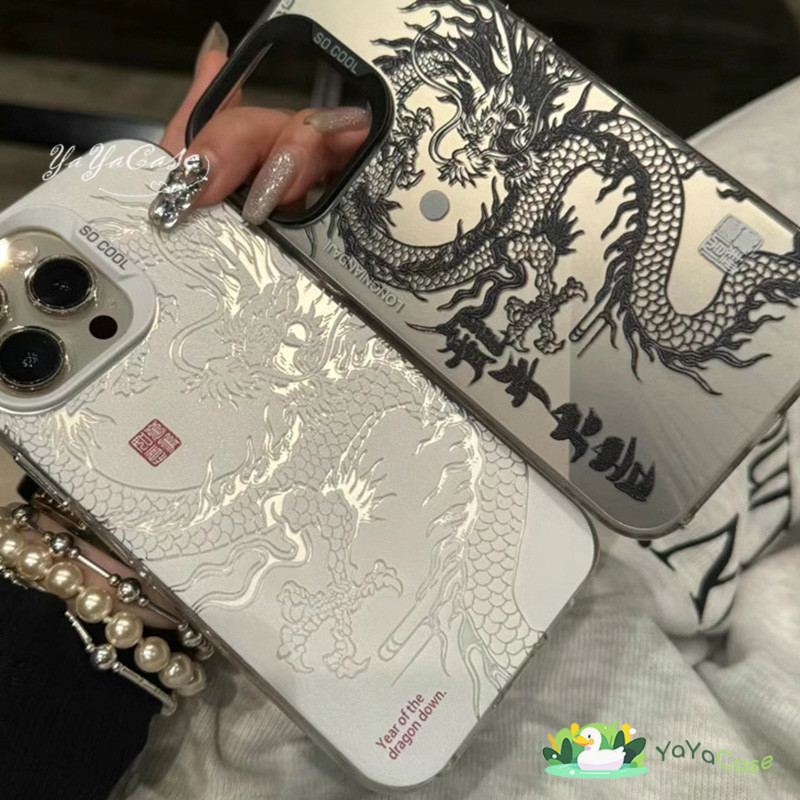🦢สำหรับ iPhone11 13 CASE FOR เคสไอโฟน15 14 12 Pro Max 15 14 7 8 Plus X XR XS MAX Cool มังกรจีนรุ่น ขั้นสูง TPU สีเงินเคส