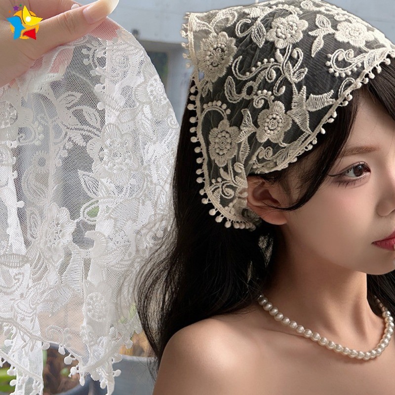 Women Girls Sunflower Embroidery Lace Triangular Hair Scarf Pastoral Style Floral Lady French Turban Seaside Vacation Hair Accessories