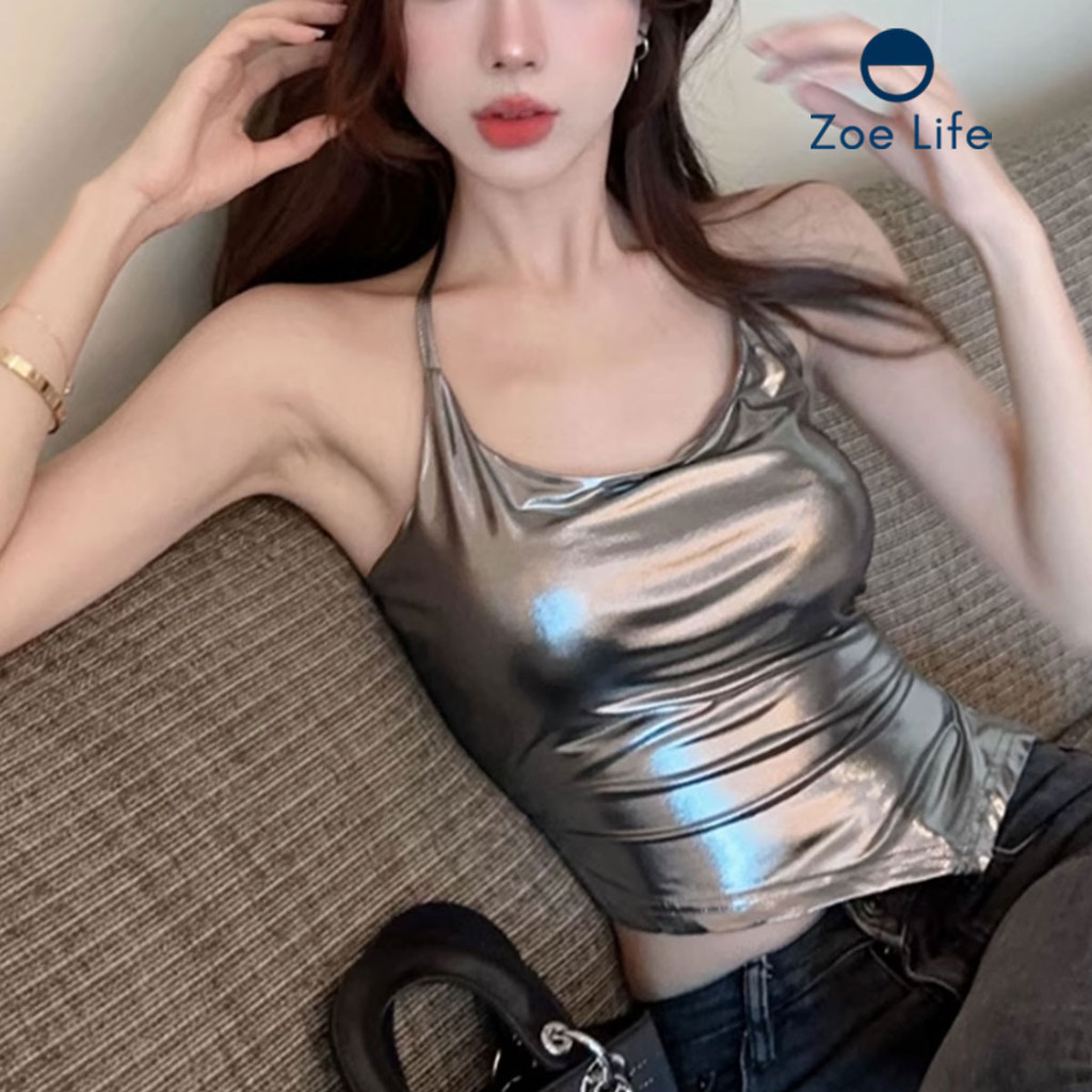เสื้อสายเดี่ยวผูกคอ สีเงินเมทาลิก เซ็กซี่ ราคาถูก