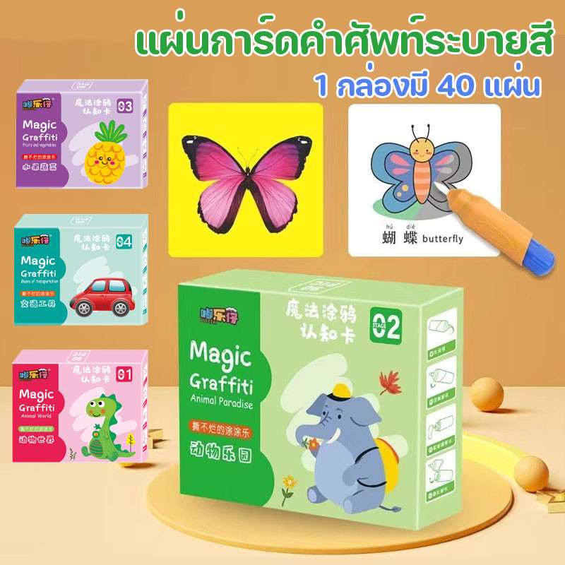 แผ่นการ์ดคำศัพท์ระบายสี การ์ดฝึกคำศัพท์ ระบายสีลบออกได้ สามารถนํามาใช้ซ้ําได้ สำหรับเด็ก เสริมพัฒนาการเด็ก