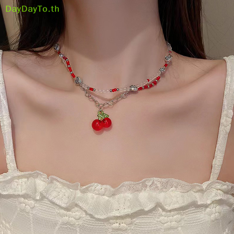 Daydayto Y2K สีแดง Cherry Heart Beaded Choker สร้อยคอผู้หญิง Boho ลูกปัด Cherry จี้สร้อยคอ Vintage ไม่สม่ําเสมอสร้อยคอเครื่องประดับ TH
