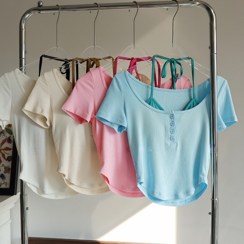 MAGIEYOGA(เบาะ) เสื้อกีฬา Halter Zipper แขนสั้นโยคะออกกําลังกาย Crop Top