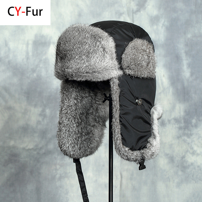 YJ Russia Winter Real fur Hat Unisex Outdoor Windproof Super Warm Real Rabbit Fur Bomber Hats Natura