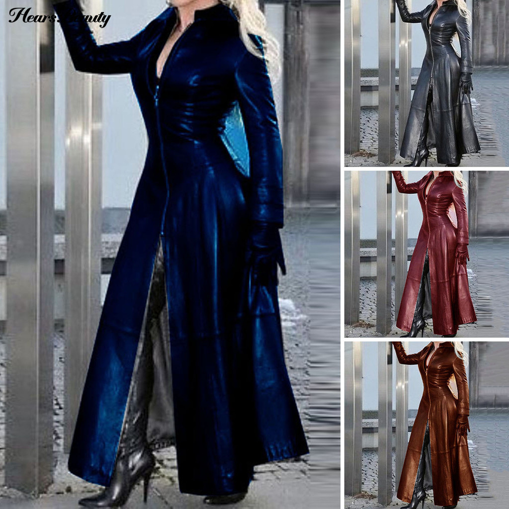 Hew-ผู้หญิงเสื้อหนัง Faux ซิปปิด Slim Fit มีสไตล์ Elegant Trench Coat พร้อม