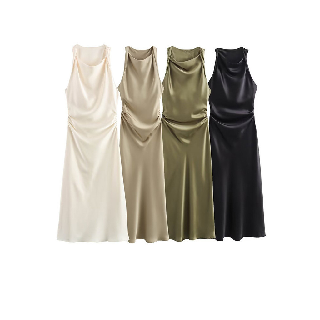 Uibey แฟชั ่ นคอกลมแขนกุดไม ่ มีสายหนังพับความยาวกลางชุดอเนกประสงค ์ 10143