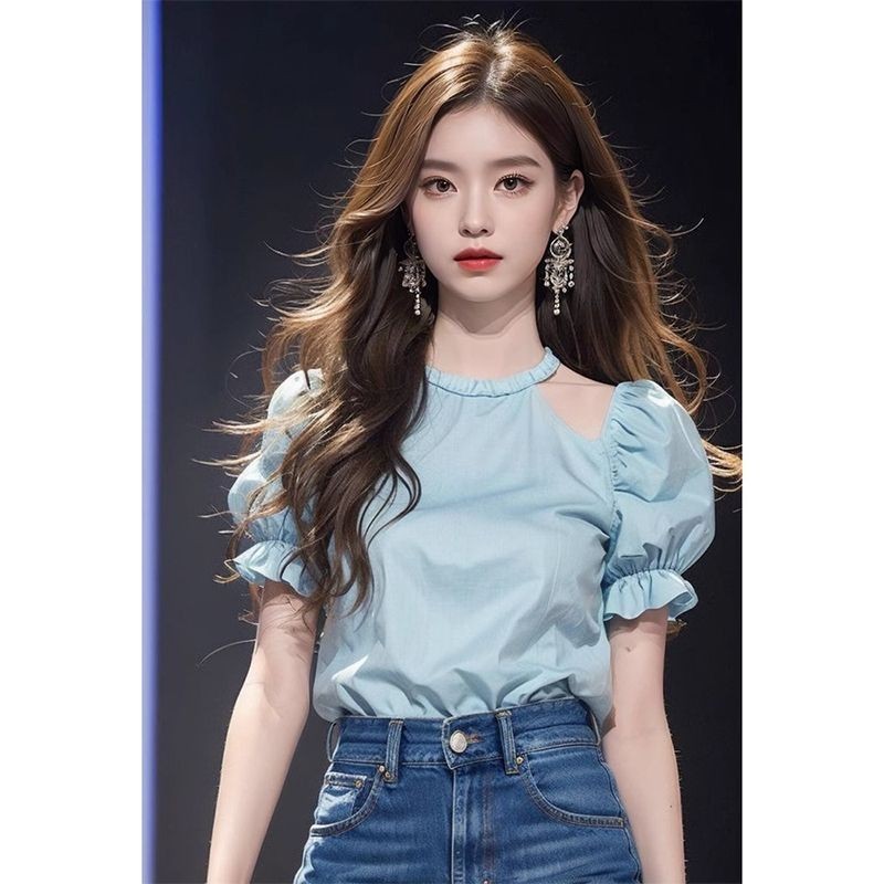 ฤดูร้อนผู้หญิงสไตล์ใหม่สาวหวานขนาดเล็กด้านบนการออกแบบอารมณ์ฝรั่งเศสสีฟ้าเสื้อแขนสั้นปิดไหล่