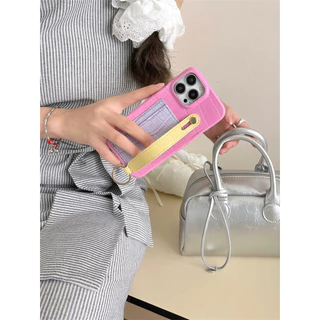 Macaron สี + สายรัดข้อมือ + กระเป๋าการ์ดสําหรับ iPhone 16 15 14 12 13 Pro Max เคส iPhone ป้องกัน anti-drop ฝาหลังกรณี