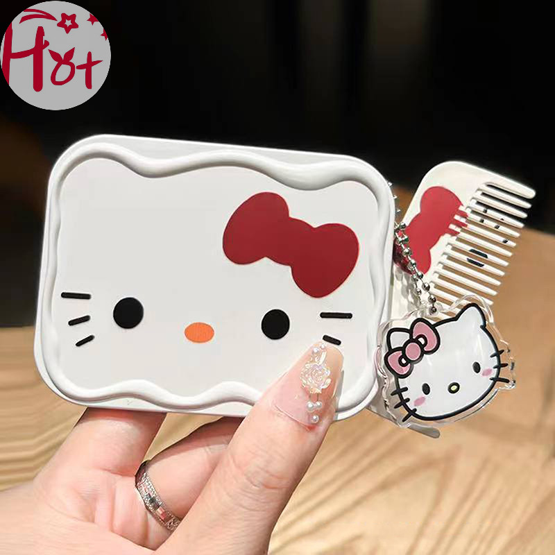 Ge Sanrio Hello Kitty Mini กระจกแต่งหน้าพับพร้อม Com แบบพกพาน่ารักสําหรับผู้หญิงสาวมินิกระจกแต่งหน้ามือถือสแควร์