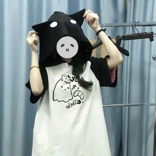 เสื้อครอปสั้นมีฮู้ด เสื้อยืดแขนสั้นมีฮู้ดหูผีสองมิติฤดูร้อนส…