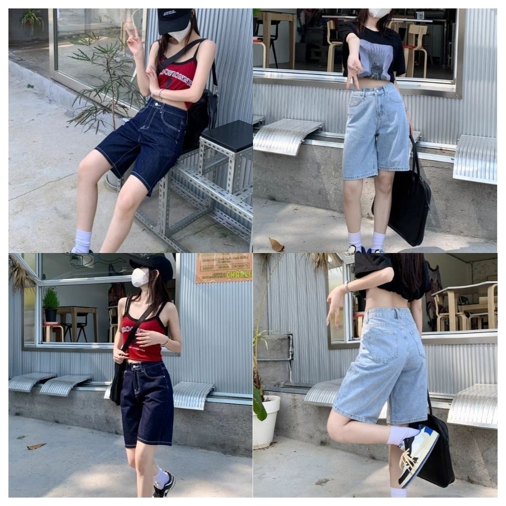 Glassy Sky💖พร้อมส่💖SMLXLกางเกงยีนส์ทรง 3 ส่วน แนวสตรีท เอวกลางๆ  (N8001)