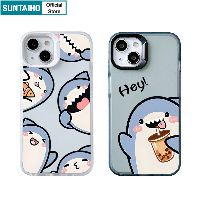 Suntaiho เคสไอโฟน ตลกปลอกการ์ตูนรูปแบบฉลาม Clear Frosted สําหรับ Iphone 15 14 12 13 11 Pro Max IP 7 8 Plus Iphon X Xs XR Xs Max TPU ซิลิโคนนุ่มพรีเมี่ยมกันกระแทกปกหลัง