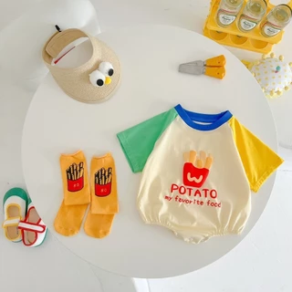 ฤดูร้อนใหม่เสื้อผ้าเด็กชายหญิงเฟรนช์ฟราย ชุด + ถุงเท้า 2 ชิ้น 0-24 เดือนทารกแรกเกิดผ้าฝ้ายระบายอากาศการ์ตูนย์กับถุงเท้า