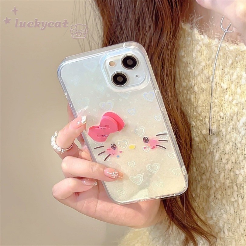 Iphone 15 14 13 12 11 Pro Max X Xr Xs Max 7 8 Plus SE2020 เคสโทรศัพท์สาวน่ารักหัวใจโบว์สีชมพู KT Cat Love Heart Clear Soft Phone Cover
