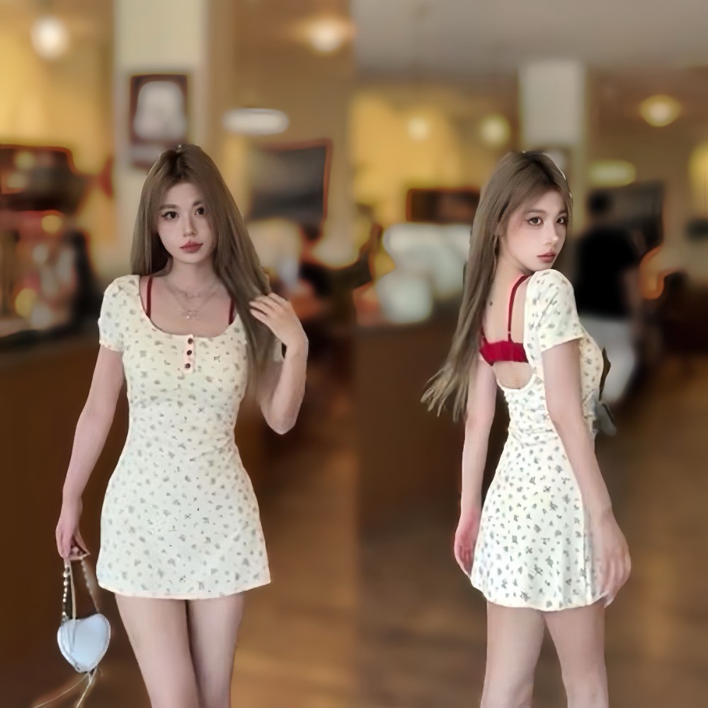 SimpleStore จัดส่งในกรุงเทพฯ แฟชั่นฤดูร้อนกับฟองน้ำหน้าอกเบาะแต่งตัวกระโปรงสั้น เสื้อลำลองลายดอกไม้แอปริคอท