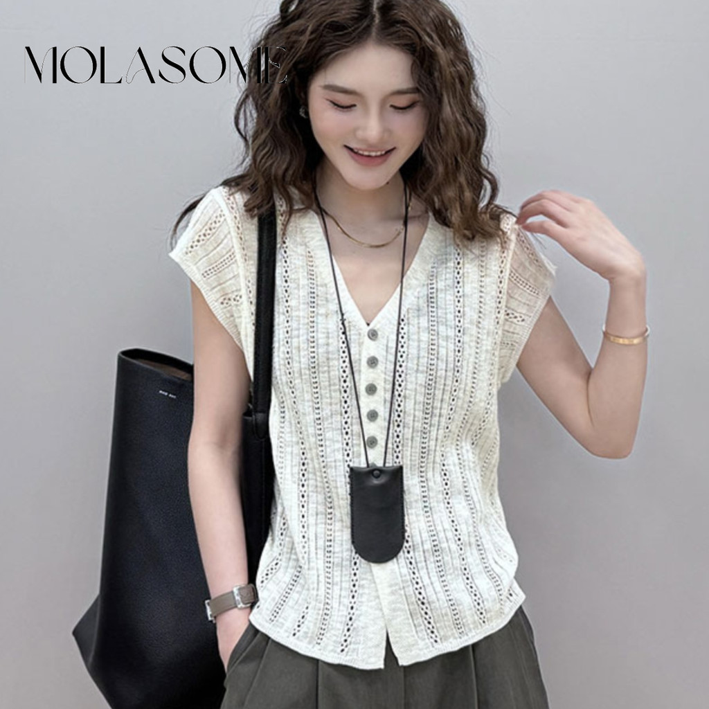 Molasome ผู้หญิง 2024 ใหม่แฟชั่นสีทึบ V คอแขนสั้นเสื้อยืด