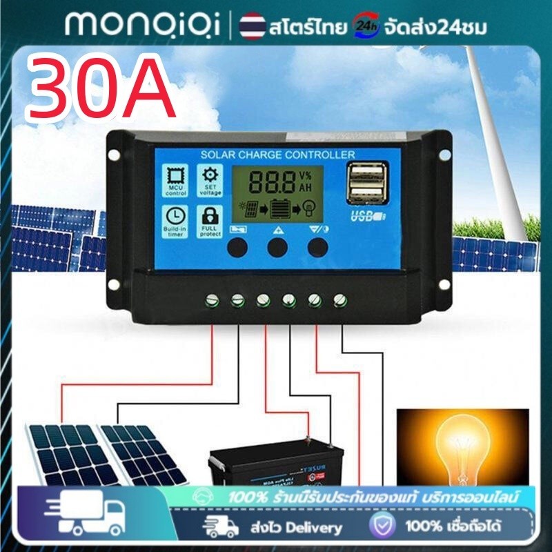 PWM 30A โซล่าชาร์จเจอร์ 12V/24V  Solar Charger อุปกรณ์ควบคุมแผงโซล่า โซล่าชาร์เจอร์ จอแสดงผล LCD โซล่าชาร์จคอนโทรลเลอร์
