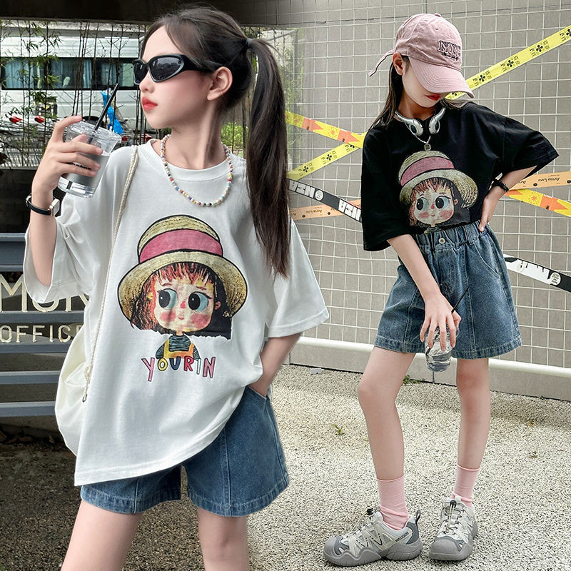 ท็อปส์ซูผ้าฝ้ายแท้สําหรับเด็กผู้หญิงเสื้อยืดแขนสั้นเด็กเสื้อเชิ้ต