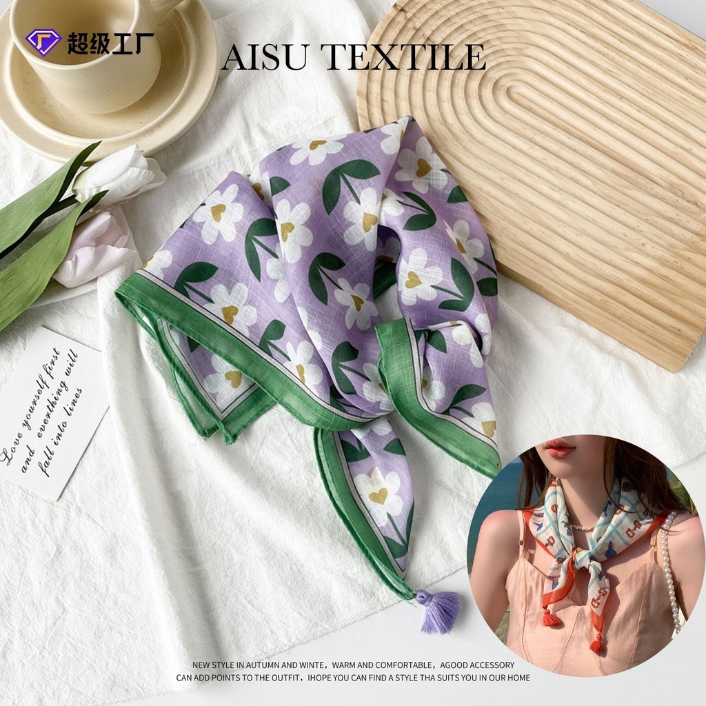ใหม่สไตล์ดอกไม้สีม่วงผ้าพันคอผ้าไหมระดับไฮเอนด์รู้สึกผ้าฝ้ายผ้าลินินขนาดเล็กผ้าพันคอพู่จี้ผ้าพันคอหญิงหัว