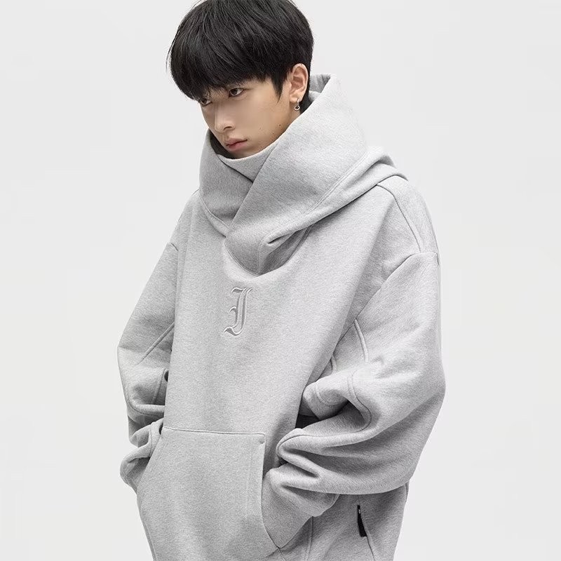 เสื้อกันหนาวมีฮู้ดคอสูงคู่หลวมหมวกสีเทาชาย