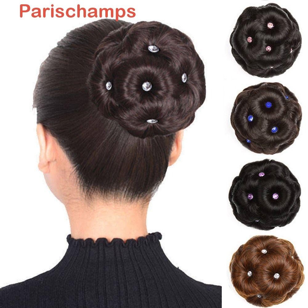 ซื้อ Parischamps เก้าดอกไม้ Chignon, ปลอมผมสีน้ําตาลคริสตัลมวยสังเคราะห์, Vintage Donut Bun ต่อผมธรรมชาติ Curly Chignon ผู้หญิง