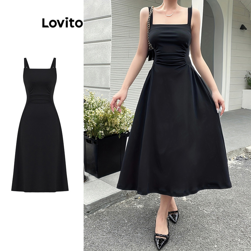 Lovito เดรสผู้หญิง จีบย่น สีพื้น สไตล์ลำลอง L92AD000