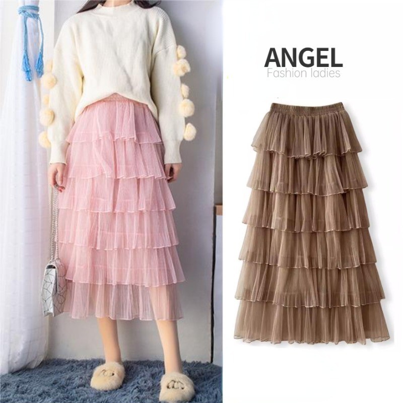 [6 สี]angel แฟชั่นผู้หญิง midi กระโปรงตาข่ายสีทึบเกาหลี Layered elastic เอวสูง A-line สีชมพูบางขนาดใหญ่ swing Tutu กระโปรง Tulle ยาวกระโปรงเค้กสําหรับผู้หญิง