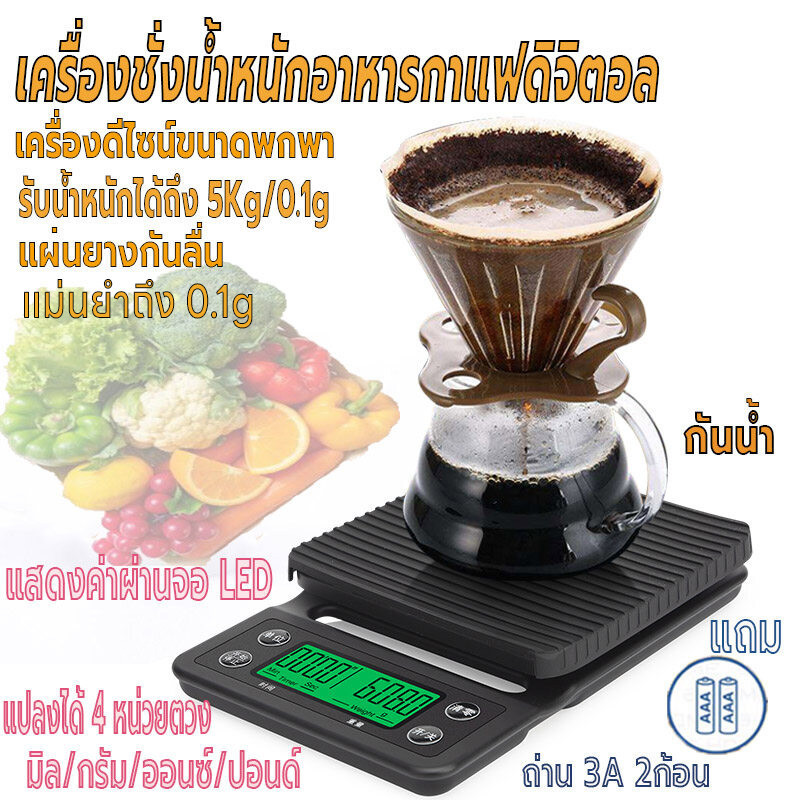 เครื่องชั่งกาแฟ แบบดิจิตอล รับน้ำหนักได้ 3kg/0.1g ปรับได้ 3หน่วย จอLED แม่นยำถึง0.1g แถมถ่าน3ก้อน ทนทาน กันน้ำ