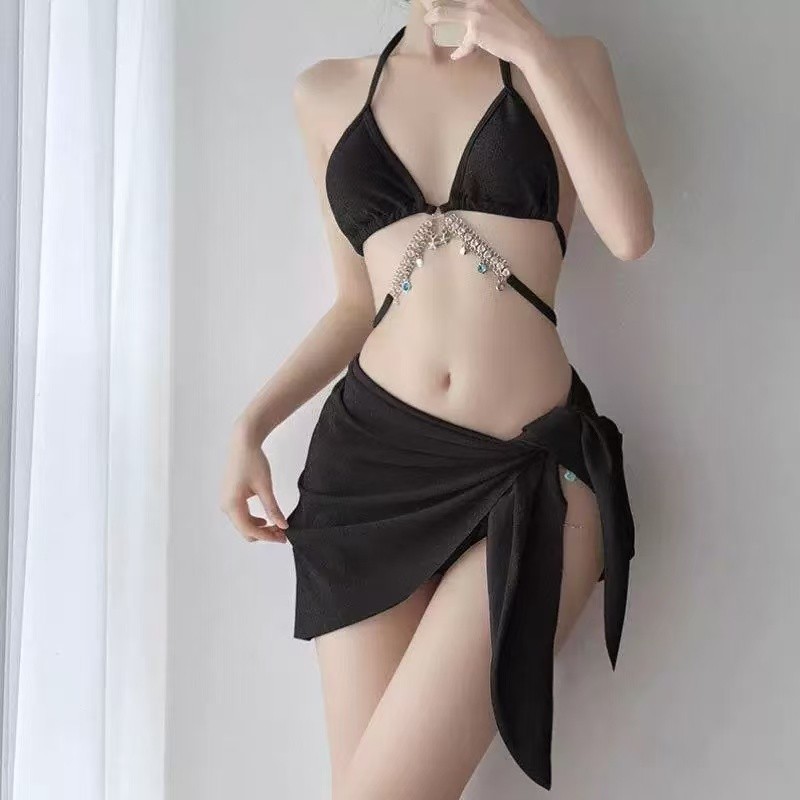 ส่งไวจากไทย ✨ ชุดว่ายน้ำบิกินี่ 3 ชิ้น สไตล์เกาหลีเซ็กซี่ กระโปรงเอวสูง แต่งผ่าข้าง✨การตกแต่งโซ่เพชร - รูปที่ 4