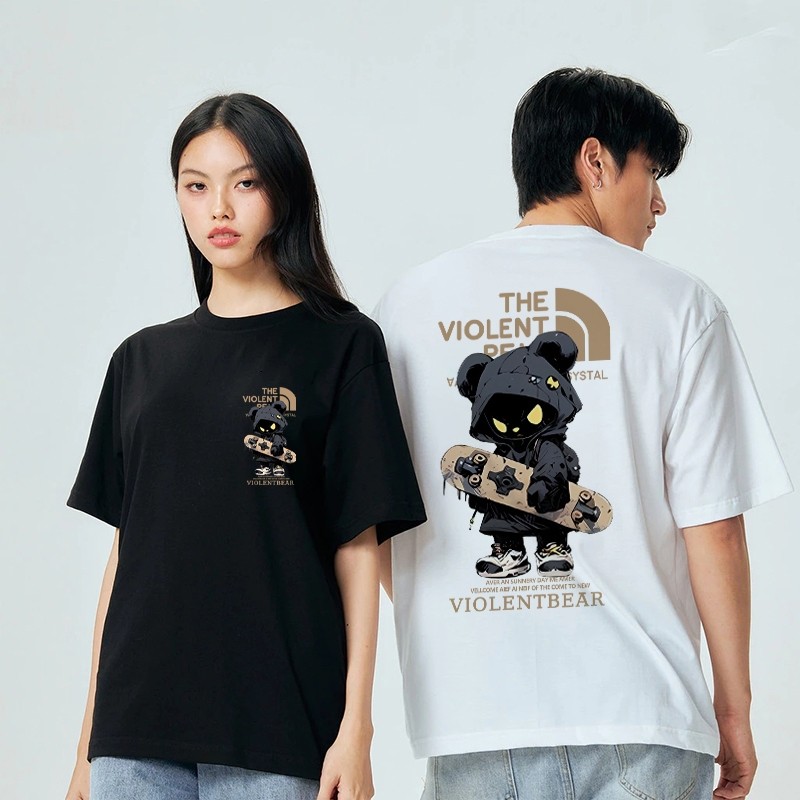 เสื้อยืด oversize 'VIOLENTBEAR' พิมพ์ลาย แขนสั้น วินเทจ เสื้อชาย แฟชั่น สไตล์เกาหลี เสื้อระบาย 3XL