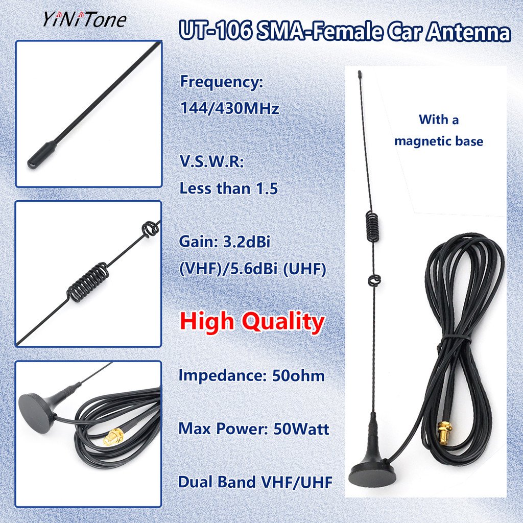UT-106 เสาอากาศรถยนต์ SMA-Female สําหรับ Baofeng 888S UV5R Kenwood TYT วิทยุมือถือสัญญาณเสถียร HF ยา