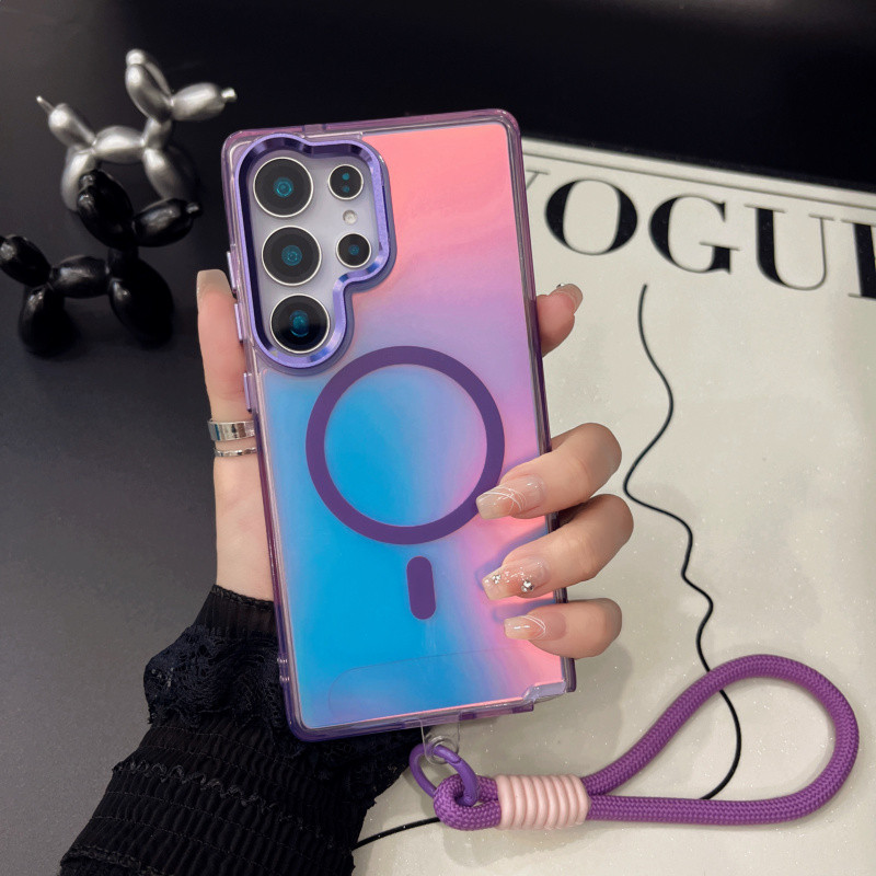 เลเซอร์ Aurora Gradual เลนส์แม่เหล็ก Hollow Bracket สายรัดข้อมือ Lanyard สําหรับ Samsung Galaxy S25 Ultra S24 S23 Ultra Plus โปร่งแสง Hard กันกระแทก – โปรปัง