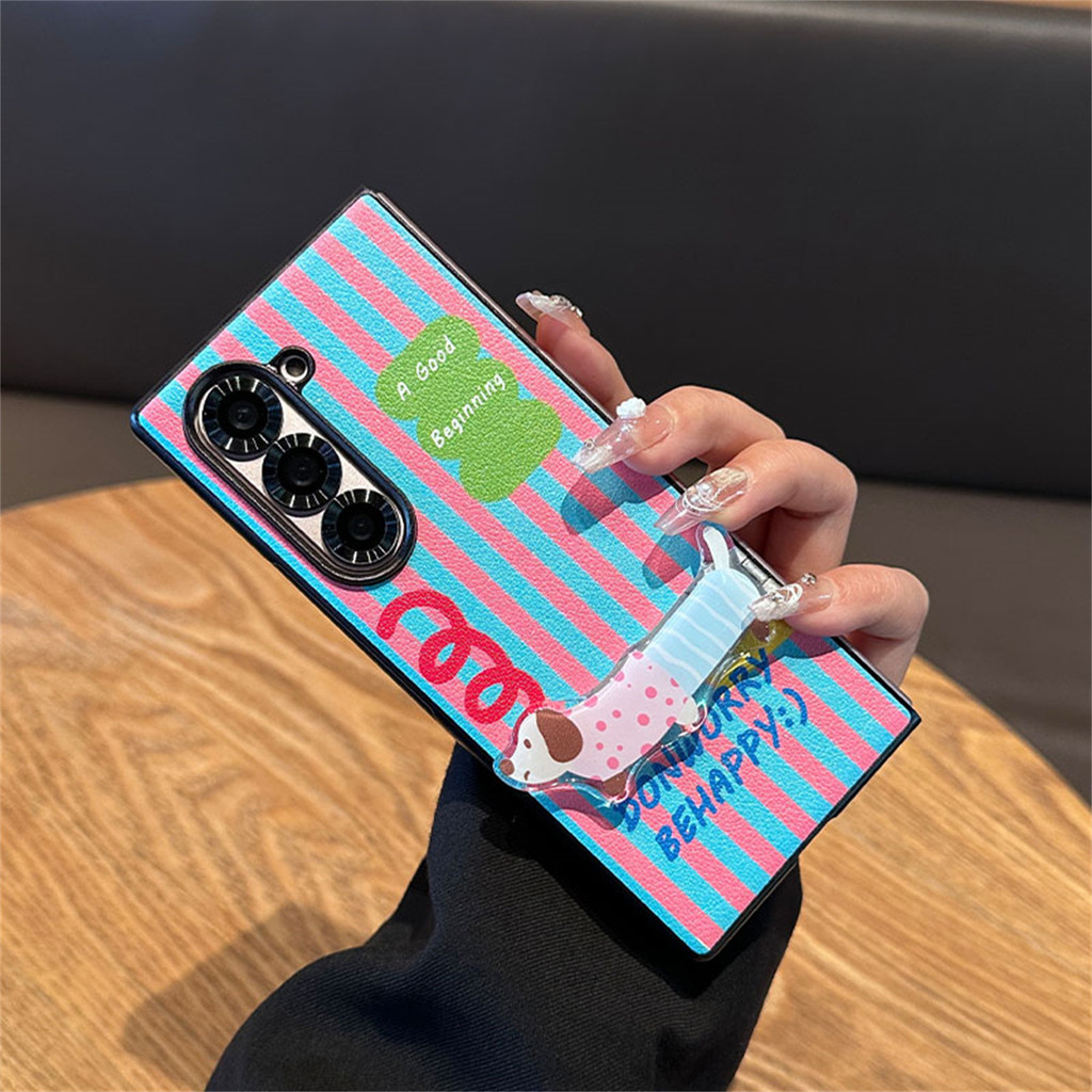 เกาหลีสีฟ้าสีชมพูลายเคสโทรศัพท์ที่มีลูกสุนัขยึดสําหรับ Samsung Galaxy Z พับ 7 Z Fold8 ultra ZFlip 5 Zfold6 Zfold5 Fold4 กันกระแทกปกหลัง