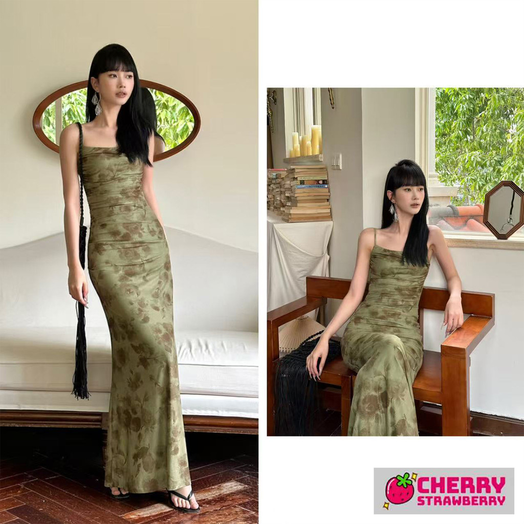 ชุดเดรสสวย ๆ สีเขียว ผ้าตาข่ายลายดอกไม้