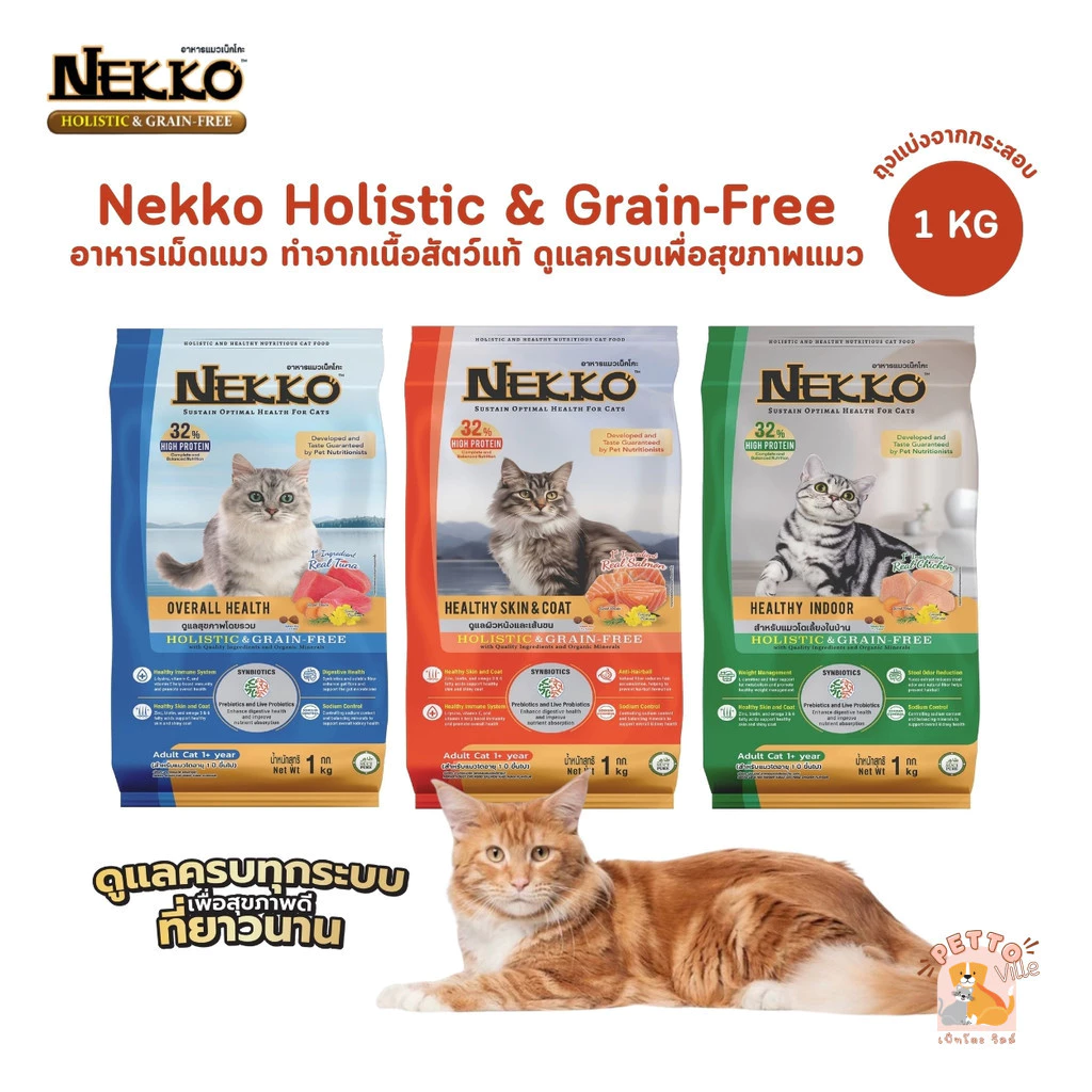 (ถุงแบ่งจากกระสอบ) Nekko Holistic & Grain-Free อาหารเม็ดแมวเกรดโฮลิสติก เกรนฟรี ทำจากเนื้อสัตว์แท้ เพื่อสุขภาพ ขนาด 1 Kg