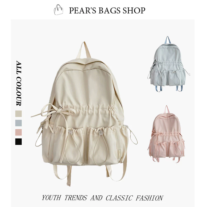 Pearsbags กระเป๋าสะพายคู่ ความจุขนาดใหญ่ น่ารัก โบว์ โรงเรียน สีทึบ กระเป๋าสวย